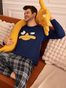 Happy Jammies Camiseta de pijama casual simple de cuello redondo y manga larga estampada para hombres