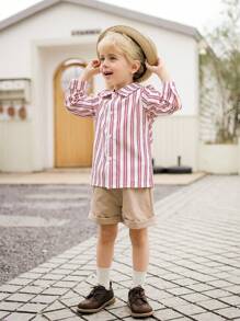 Souflis Souflis 2 件套年轻男孩休闲服装套装，带条纹翻领长袖衬衫开衫和松紧腰短裤，运动和户外多功能 - 彩色 - 查看 3