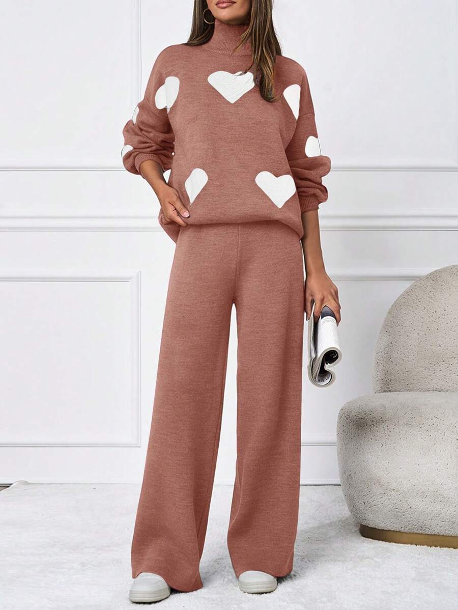 SHEIN Tall 2 chiếc/Bộ Áo len cổ cao họa tiết trái tim giản dị - Hồng - Xem 1