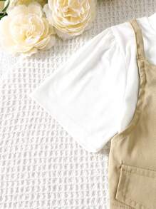 SHEIN Set de 2 piezas compuesto por una blusa corta de punto blanco y caki con efecto 2 en 1, y una falda larga de línea A en color caqui para niña joven