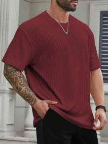 Manfinity Homme Camiseta de manga corta de cuello redondo y color liso para hombres de talla grande, sencilla y casual para el uso diario - Burdeos - Ver 3