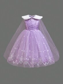 Glamorique Kids Young Girl Princess Dress, Purple Snowflake Print Mesh Fluffy Skirt, White Fur Collar Sequin, Star & Moon Cape, European & Stage Performance Costume, Flower Girl Dress