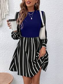 SHEIN Clasi Women's Striped Patchwork Long Sleeve 2 In 1 Short Dress - Blue - View 6