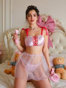 SHEIN Bộ 3 chiếc áo ngực + quần lót + đồ lót hở lưng gợi cảm dễ thương cho nữ - Hồng - Xem 5