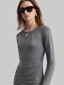 Ontre Women's Long Sleeve Halterneck Draped Long Dress, Elegant Pleated Fitted Dress - Grey - View 3