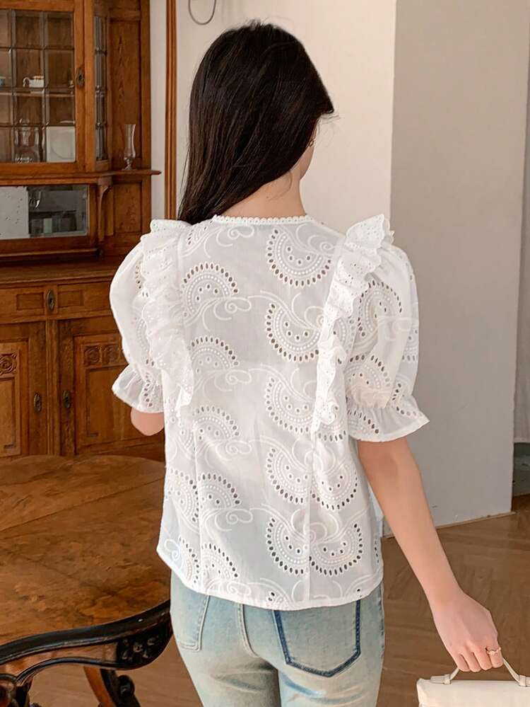 Women Hollow Out Ruffled Puff Sleeve Shirt