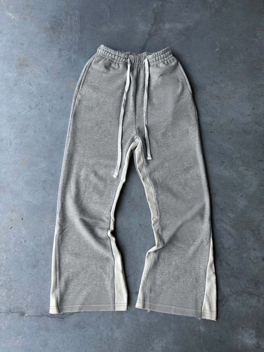 SHEIN Manfinity Dauomo 男式纯色拼接前系带休闲时尚运动裤 - 灰色 - 查看 1