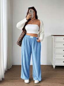 SHEIN EZwear Quần Cargo cạp cao mùa hè cỡ lớn cho nữ có túi và thiết kế miếng vá, vải nhung kẻ, phù hợp mặc ở trường học, mặc hàng ngày và làm việc trong nhà, mùa thu/đông - Màu xanh lam - Xem 6