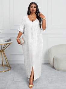 SHEIN Lady Plus Size V-neck Krótki rękaw Prosta Błyszcząca Rozcięta Maxi Sukienka Codzienna Walentynki Nowy Rok Impreza Sukienka Imprezowa Sukienki Na Imprezę Urodzinową Długa Sukienka Damska - Biały - Zobacz 4