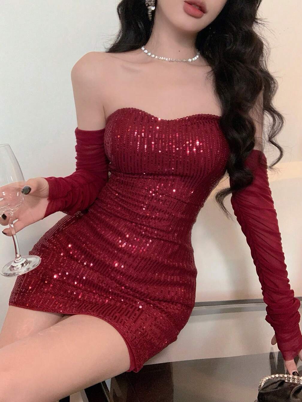 dark red mini dress long sleeve Princess Polly Women's Edmone Lace Trim Cold Shoulder Long Sleeve Minidress - Red
