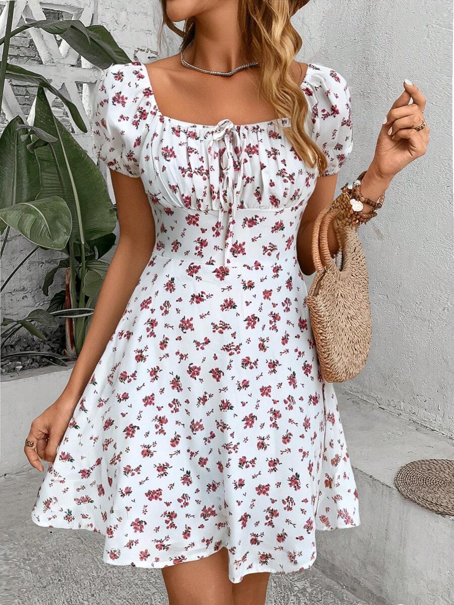 Breezaya Square Neck Floral Tie-Waist Midi Dress Vacation Beach Outfits Women