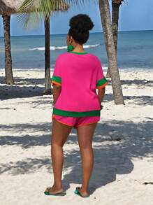 Slaydiva 2025 New Versatile Daily Casual All-Match Minimalist Plus Size Women 2 Pieces Set: Colorblock T-Shirt & Shorts - Multicolor - View 2