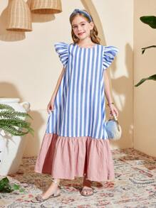 SHEIN Leap Crew Tween Girls 蓝白条纹可爱盖袖荷叶边下摆宽松秋千连衣裙，休闲假日风格，适合春夏季节，返校季 - 彩色 - 查看 5