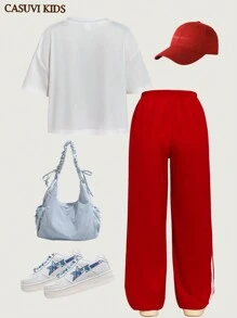 SHEIN Explorewe 2pcs/Set Teen Girls American Casual Sports Letter Graphic Crop Top & Red Ribbon Design Sport Pants 2 Pieces Outfit, Suitable For Spring & Summer Outdoor Activities - Red - View 11