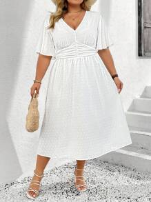 SHEIN CURVE+ Plus Size Women's Elegant Holiday Textured Polka Dot Butterfly Sleeve White Dress Boho Vacation - White - View 5