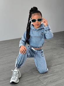 SHEIN Playful Pals 女孩年轻女孩休闲牛仔连帽衫和运动裤 2 件套，时尚休闲日常穿着，柔软透气，春秋季 - 中等水洗藍 - 查看 5