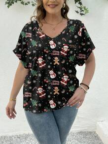 SHEIN Essnce 圣诞节服装圣诞老人雪人图案女式夏季短袖V领宽松大码T恤套头衫 - 黑色 - 查看 3