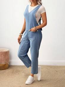 EMERY ROSE Women's Casual V-Neck Denim Overall With Dual Pockets - Blue - View 5