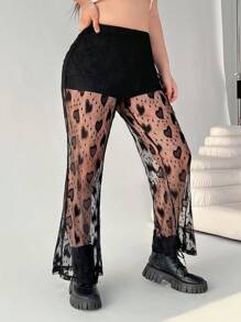 SHEIN EZwear Damen Große Größen Schwarze herzförmige sexy Spitzen-Hose - Schwarz - Übersicht 1