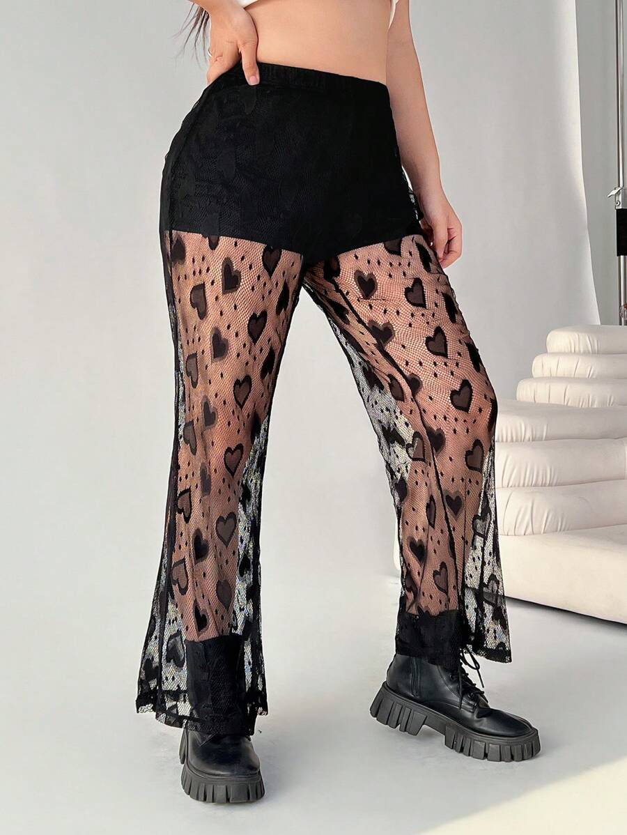 SHEIN EZwear 大码女式黑色心形性感蕾丝裤 - 黑色 - 查看 1