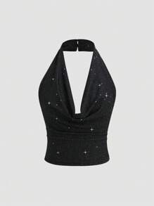 Sweetra 2pcs Sequin Halter Neck Backless Vest And Wide Leg Loose Pants Set, Sexy Diva Style - Black - View 4