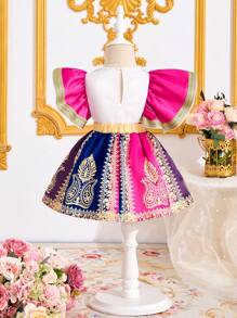 SHEIN 2pcs Baby Girl Summer Adorable Elegant Gradient Gold Floral Top And Skirt Set - White - View 2