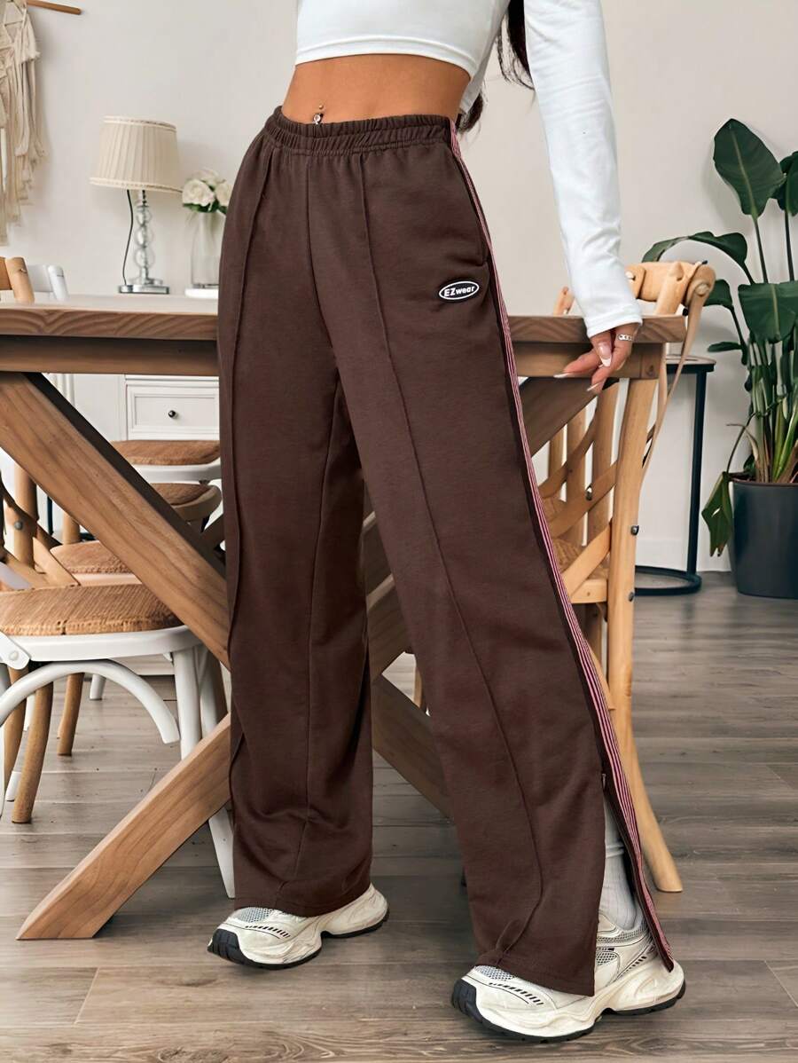 SHEIN EZwear 女士字母松紧腰宽松阔腿休闲运动裤 - 咖啡棕 - 查看 1