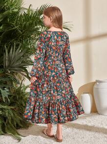 SHEIN Serisse Kids 大女孩花卉V領長袖收腰優雅洋裝，中長版綠色，休閒度假風，母女套裝，大女孩 - 綠色 - 查看 6