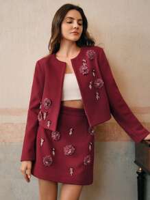 Anewsta 2 件套女士优雅手工花朵耳钉水钻仿珍珠，秋季 - 酒紅色 - 查看 5