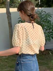 DAZY Women's Cute Polka Dot Patchwork Short Sleeve 2 In 1 Blouse