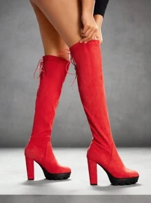 CUCCOO SZL Solid Color Lace-Up Round Toe Simple Over-The-Knee Boots, Casual For Daily Wear For And Spring Shoes Spring Break Easter - Red - View 3