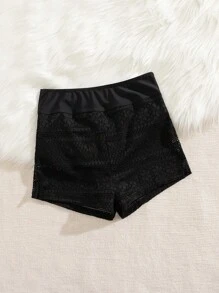 SHEIN Swim Women's Beach Vacation Wide Leg Shorts, Lace Patchwork Solid Color Swimwear Bottom For Summer Beach Vacation