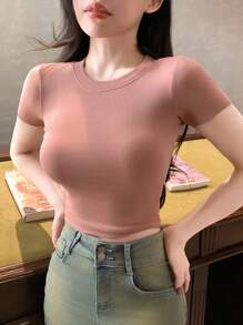 Joudiya Áo thun nữ đơn giản thường ngày - Bụi hồng - Xem 4