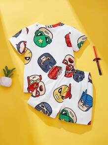 SHEIN Playful Pals 2 件套年轻男孩街头服饰休闲日常百搭简约趣味卡通英雄印花圆领短袖 T 恤和短裤套装，适合户外活动，春夏季，舒适便捷的日常穿着 - 彩色 - 查看 2