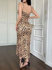 DAZY Vestido midi de tirantes finos sin mangas con estampado de leopardo, vestido elegante de verano para vacaciones - Marrón - Ver 7