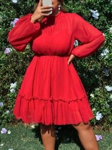 Flirla Robe élégante à col montant, manches longues, taille froncée, ourlet en forme de A, transparente - Rouge - Voir 5