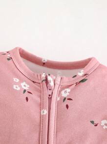 Cozy Pixies 新生女婴花卉印花针织柔软圆领长袖连脚连体衣 - 粉色 - 查看 4