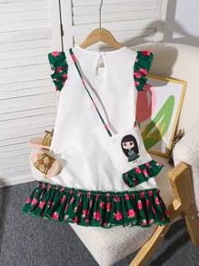 SHEIN Young Girl's White Summer Fairy Family Matching Fashionable Dress - Green - View 2
