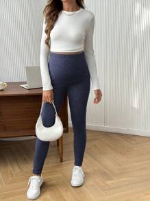 SHEIN Maternity Casual Leggings, Simple & Fashionable For Daily Wear - Blue - View 5