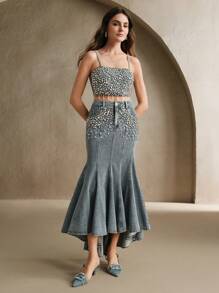 Anewsta Rhinestone Embellished Denim Crop Top For Women, Fashionable & Luxurious - Light Wash - View 4