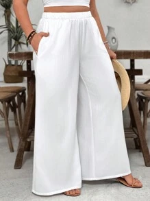 SHEIN VCAY Plus Size White Textured Fabric Loose Casual Wide Leg Pants With Pockets, Suitable For Beach Vacation - White - View 5