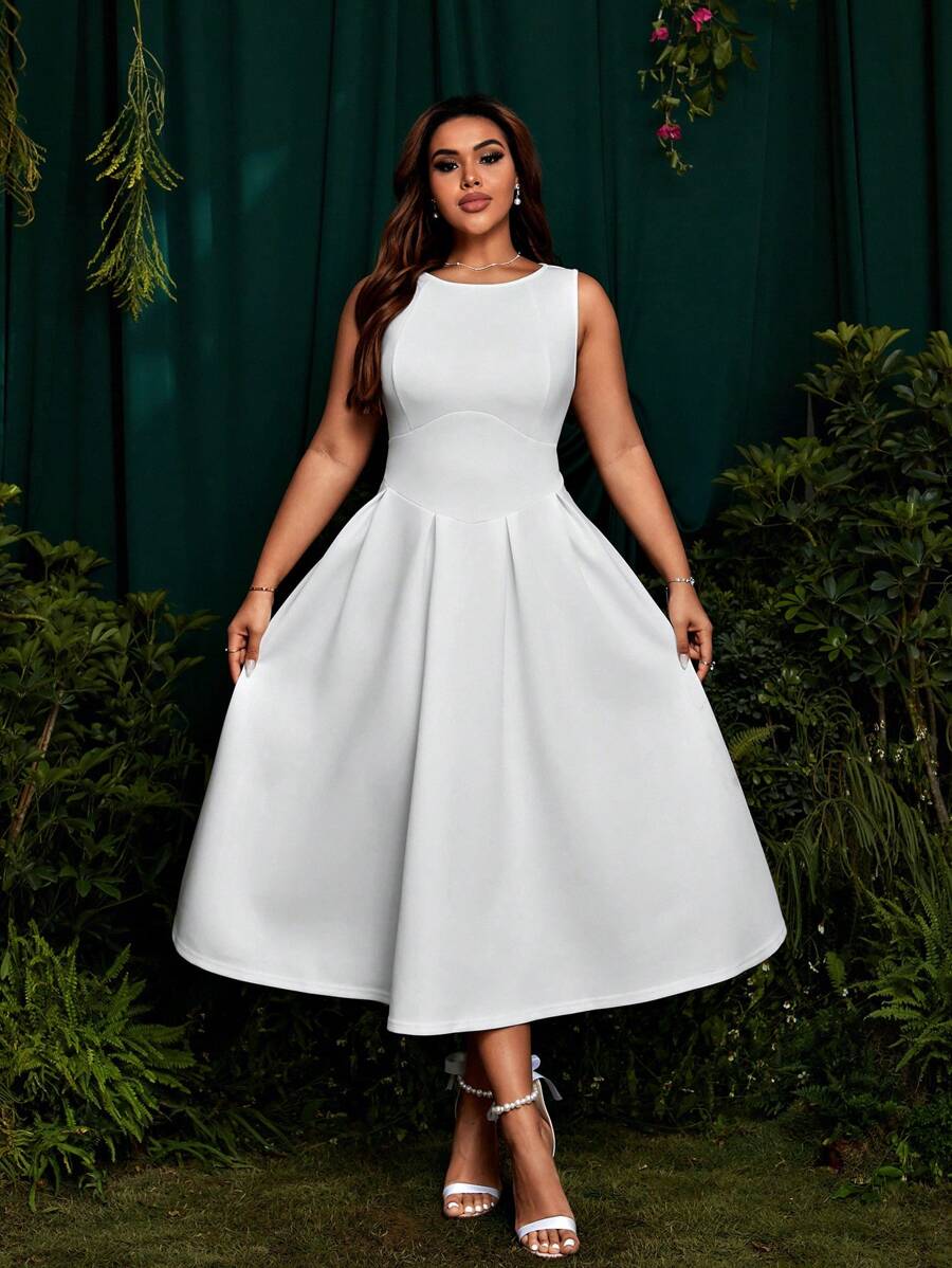 SHEIN Belle Plus Size Elegant Resort French White Midi Dress For ...