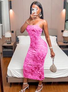 SHEIN Clasi Full Print Backless Summer Elegant Spaghetti Strap Sleeveless Dress (Random Prints) Burgundy Maxi Women Outfit - Pink - View 5