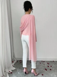 Elenzga Women's Elegant Round Neck Long Sleeve Solid Color Princess Seam Cinched Waist Chiffon Batwing Blouse, Fashionable And Slimming