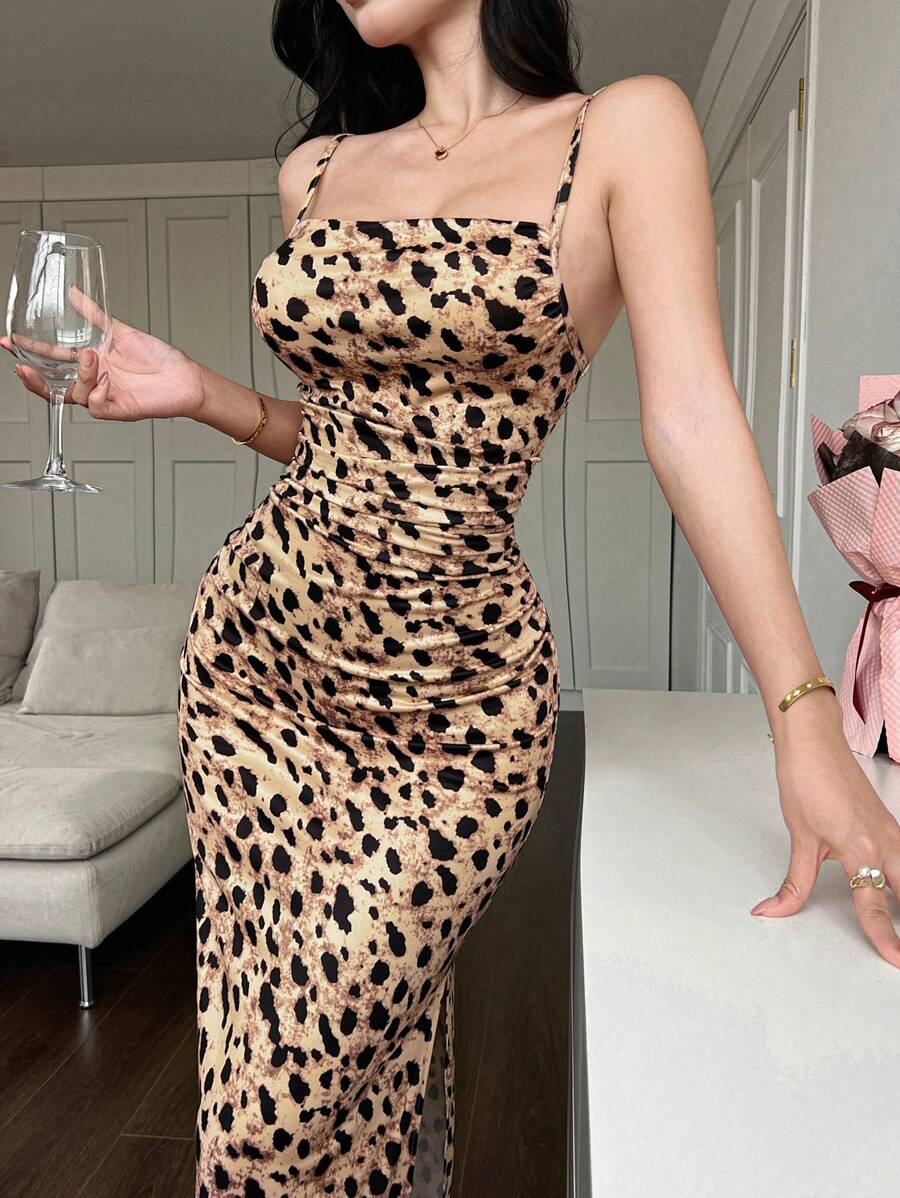 DAZY Vestido midi de tirantes finos sin mangas con estampado de leopardo, vestido elegante de verano para vacaciones - Marrón - Ver 1