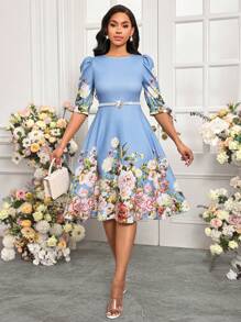 SHEIN Lady 蓝色印花修身女士连衣裙 女装 A 字型优雅女士连衣裙 - 白色 - 查看 4