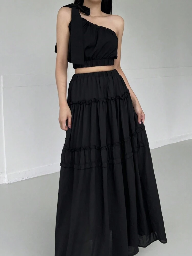 1 Set Women's Solid Color Sleeveless Top & Chiffon Skirt, Black, Spring/Summer,Ruffle,Women Two Pieces Sets