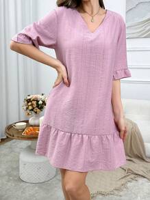 女士深 V 领休闲家居服连衣裙 - 藕粉色 - 查看 2