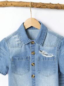 Tween Boys Distressed Washed Denim Shirt And Shorts Set, Light Blue Simple & Fashion Zip-Up Collar - Light Wash - View 4