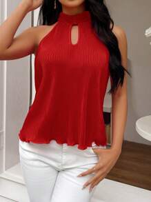 SHEIN Privé 女士纯色露背前镂空褶皱吊带背心 - 紅色 - 查看 3